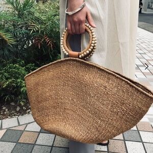 Aranaz Abaco & Wicker Woven Tote Bag With Beaded Wood Circle Handles